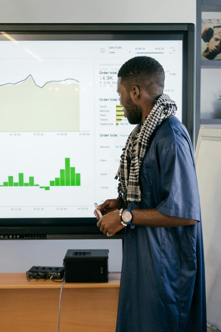 Professional analyzing graphs on a screen in an office. Business meeting concept.
